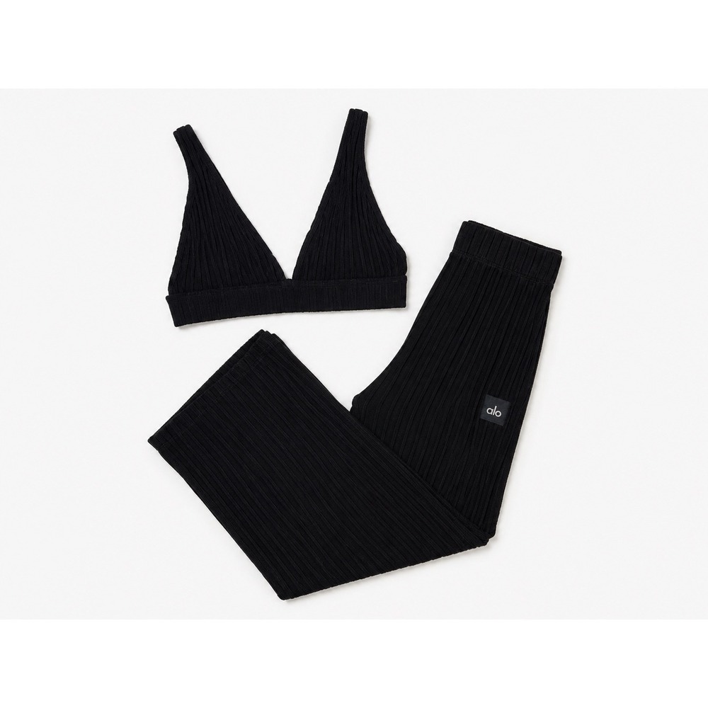 Alo Yoga Black Ribbed Knit Bralette and Wide Leg Pants Lounge Set Womens small